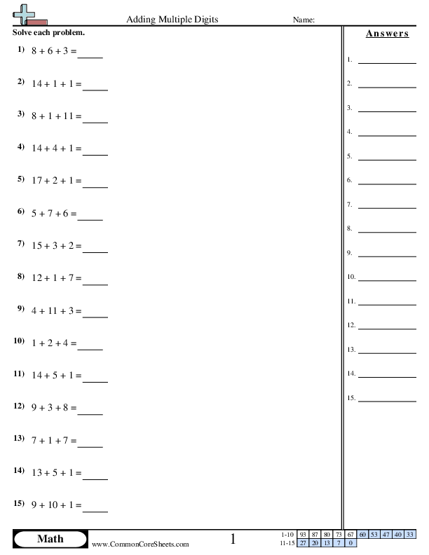 Adding with Multiple Addends (3 Addends Less than 20) worksheet